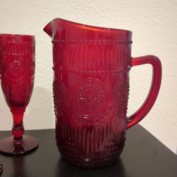 The Pioneer Woman Adeline Ruby Red Glass Pitcher & 3 Fluted Glasses - Picture 2 of 3